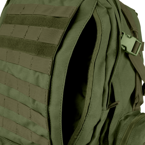 Close-up of the Condor 3-Day Assault Backpack 50L, featuring green exterior MOLLE webbing and a partially unzipped main compartment.