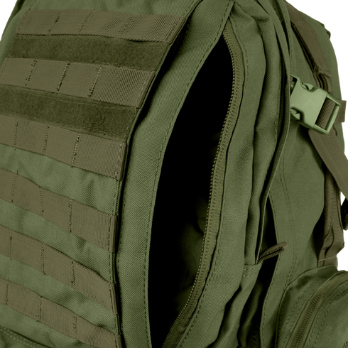 Close-up of the Condor 3-Day Assault Backpack 50L, featuring green exterior MOLLE webbing and a partially unzipped main compartment.
