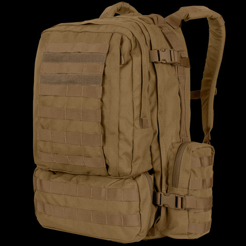 Condor 3-Day Assault Backpack 50L in tan, featuring multiple compartments, MOLLE webbing, adjustable straps, and a zippered side pouch—perfect for law enforcement or range use—displayed against a plain background.