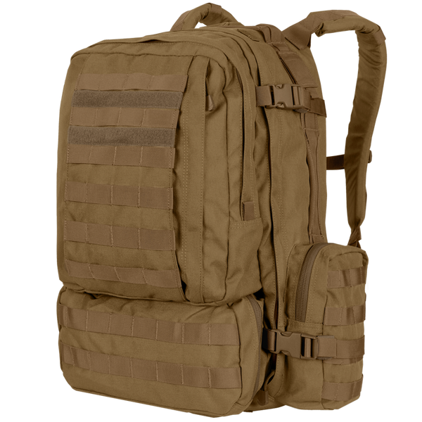 Condor 3-Day Assault Backpack 50L in tan, featuring multiple compartments, MOLLE webbing, adjustable straps, and a zippered side pouch—perfect for law enforcement or range use—displayed against a plain background.