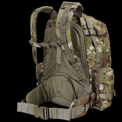 The Condor 3-Day Assault Backpack 50L in Scorpion OCP features a camouflage design, multiple straps, pockets, and a padded hip belt, shown from the rear angle.