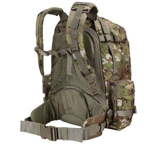 The Condor 3-Day Assault Backpack 50L in Scorpion OCP features a camouflage design, multiple straps, pockets, and a padded hip belt, shown from the rear angle.