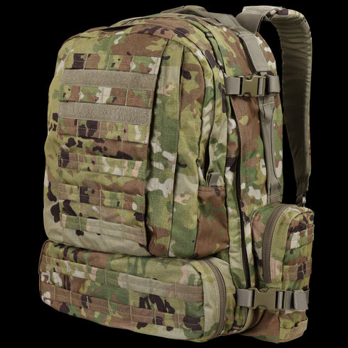 The Condor 3-Day Assault Backpack 50L in Scorpion OCP features military-style camouflage, multiple zippered compartments, MOLLE webbing, and padded shoulder straps.
