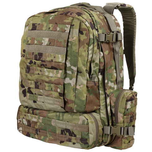 The Condor 3-Day Assault Backpack 50L in Scorpion OCP features military-style camouflage, multiple zippered compartments, MOLLE webbing, and padded shoulder straps.