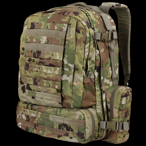 The Condor 3-Day Assault Backpack 50L in Scorpion OCP features military-style camouflage, multiple zippered compartments, MOLLE webbing, and padded shoulder straps.