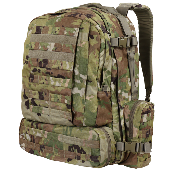 The Condor 3-Day Assault Backpack 50L in Scorpion OCP features military-style camouflage, multiple zippered compartments, MOLLE webbing, and padded shoulder straps.