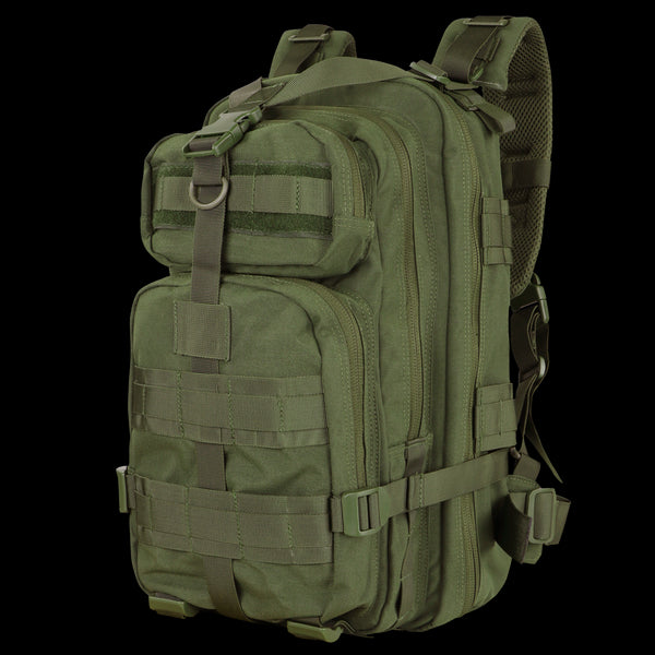 The Condor Compact Assault Backpack 24L is a green tactical pack featuring multiple zippered compartments, adjustable straps, and front and side MOLLE webbing—ideal for military or first responder use.