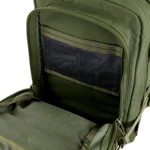 Open olive green Condor Compact Assault Backpack 24L displays its interior mesh pocket and empty compartment, ideal for first responders or law enforcement.