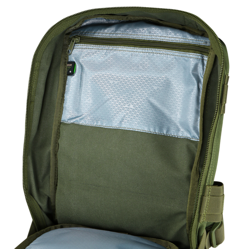 The Condor Compact Assault Backpack 24L opens to reveal a spacious main compartment with an inner zippered mesh pocket and light blue lining—perfect for organizing military or first responder gear.