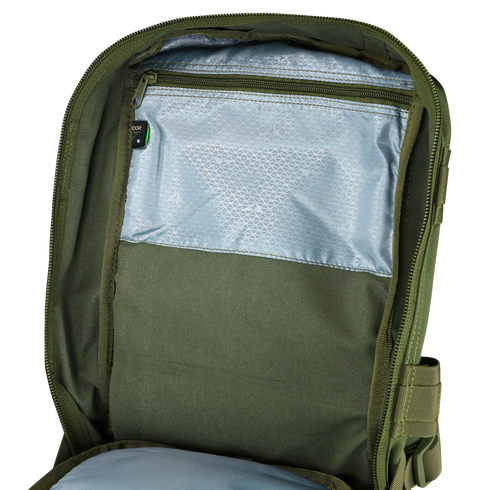 The Condor Compact Assault Backpack 24L opens to reveal a spacious main compartment with an inner zippered mesh pocket and light blue lining—perfect for organizing military or first responder gear.