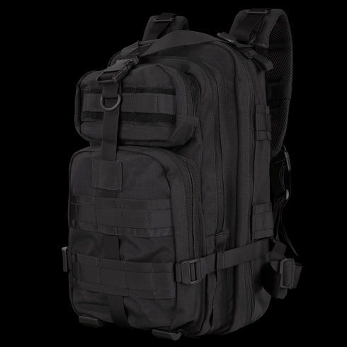 The Condor Compact Assault Backpack 24L is a black tactical pack with multiple zippered compartments, adjustable straps, and MOLLE webbing—perfect for first responders or law enforcement professionals.
