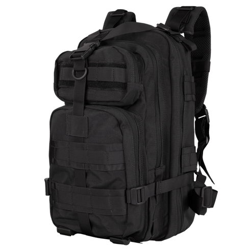 The Condor Compact Assault Backpack 24L is a black tactical pack with multiple zippered compartments, adjustable straps, and MOLLE webbing—perfect for first responders or law enforcement professionals.