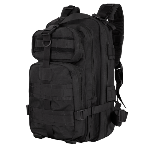 The Condor Compact Assault Backpack 24L is a black tactical pack with multiple zippered compartments, adjustable straps, and MOLLE webbing—perfect for first responders or law enforcement professionals.