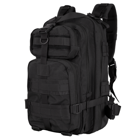 The Condor Compact Assault Backpack 24L is a black tactical pack with multiple zippered compartments, adjustable straps, and MOLLE webbing—perfect for first responders or law enforcement professionals.