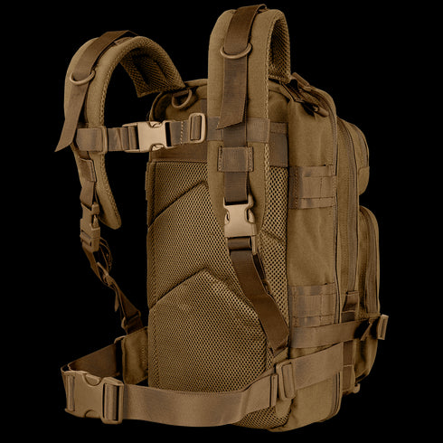 The Condor Compact Assault Backpack 24L, shown from the back, features multiple straps, an adjustable padded harness, mesh side pockets, and a waist belt—ideal for military or law enforcement use.