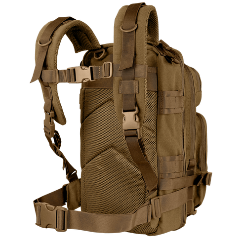 The Condor Compact Assault Backpack 24L, shown from the back, features multiple straps, an adjustable padded harness, mesh side pockets, and a waist belt—ideal for military or law enforcement use.