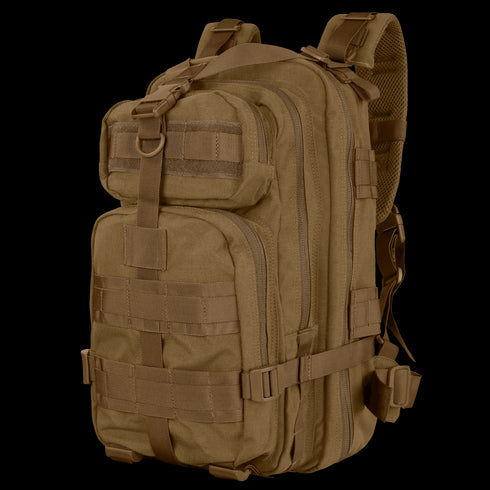 The Condor Compact Assault Backpack 24L, shown against a plain background, features multiple compartments, adjustable straps, and MOLLE webbing—ideal for military or law enforcement applications.
