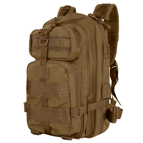 The Condor Compact Assault Backpack 24L, shown against a plain background, features multiple compartments, adjustable straps, and MOLLE webbing—ideal for military or law enforcement applications.