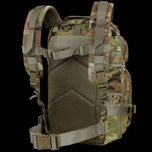 The Condor Compact Assault Backpack 24L - Scorpion OCP features padded adjustable shoulder straps, a mesh back panel, and multiple support straps—ideal for first responders or law enforcement.