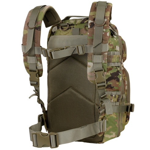 The Condor Compact Assault Backpack 24L - Scorpion OCP features padded adjustable shoulder straps, a mesh back panel, and multiple support straps—ideal for first responders or law enforcement.
