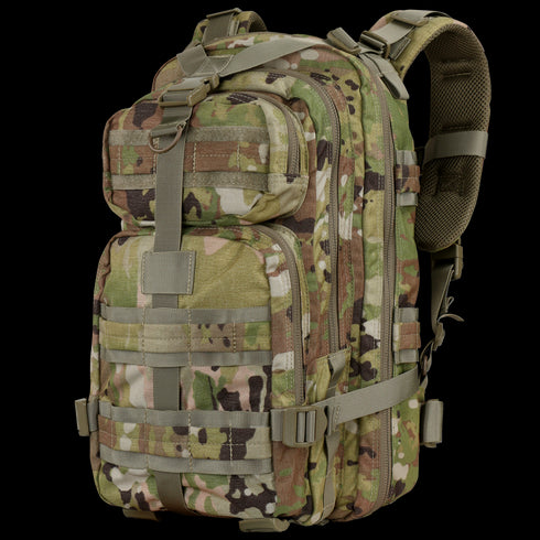 The Condor Compact Assault Backpack 24L in Scorpion OCP features a camouflage pattern, multiple compartments, adjustable straps, and MOLLE webbing—ideal for outdoor, military, or law enforcement use.