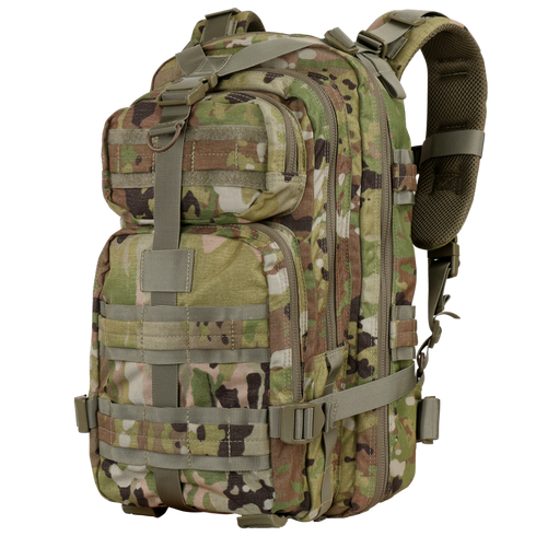 The Condor Compact Assault Backpack 24L in Scorpion OCP features a camouflage pattern, multiple compartments, adjustable straps, and MOLLE webbing—ideal for outdoor, military, or law enforcement use.