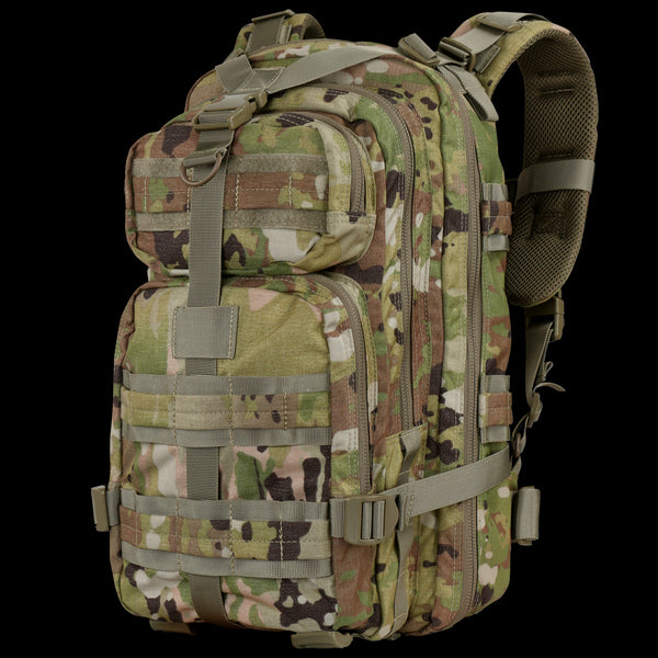 The Condor Compact Assault Backpack 24L in Scorpion OCP features a camouflage pattern, multiple compartments, adjustable straps, and MOLLE webbing—ideal for outdoor, military, or law enforcement use.