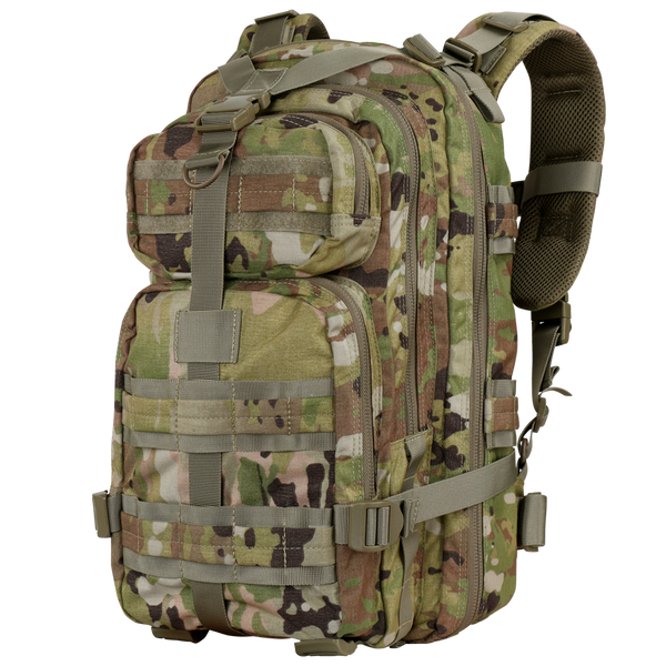 The Condor Compact Assault Backpack 24L in Scorpion OCP features a camouflage pattern, multiple compartments, adjustable straps, and MOLLE webbing—ideal for outdoor, military, or law enforcement use.
