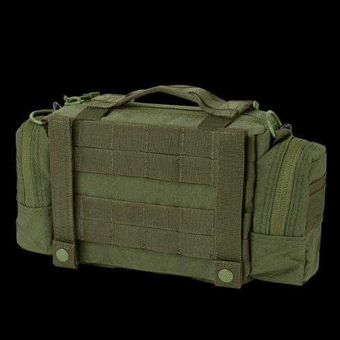 The Condor Deployment Bag 6.5L is a green tactical bag featuring multiple compartments, MOLLE webbing on the back, a top handle, and two snap-button straps for easy attachment.