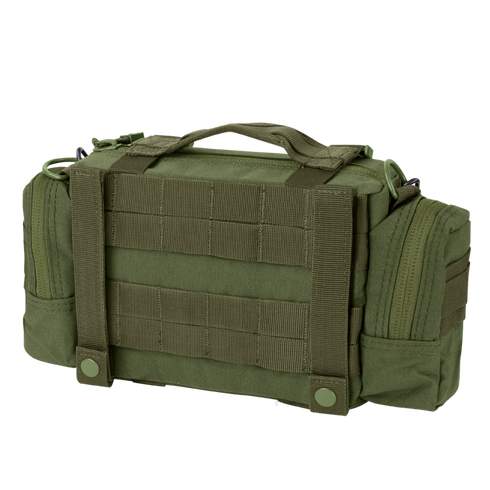 The Condor Deployment Bag 6.5L is a green tactical bag featuring multiple compartments, MOLLE webbing on the back, a top handle, and two snap-button straps for easy attachment.