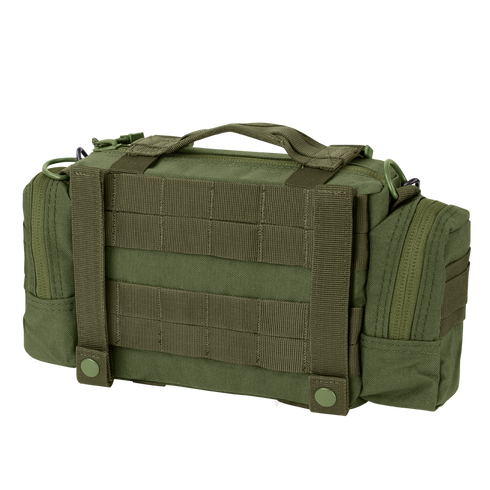 The Condor Deployment Bag 6.5L is a green tactical bag featuring multiple compartments, MOLLE webbing on the back, a top handle, and two snap-button straps for easy attachment.