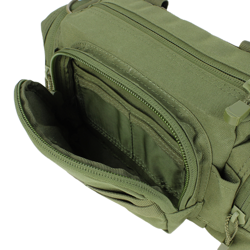 A close-up of the Condor Deployment Bag 6.5L in Scorpion OCP shows its open, empty main compartment and zippered pocket—ideal for EDC or shooting range essentials.