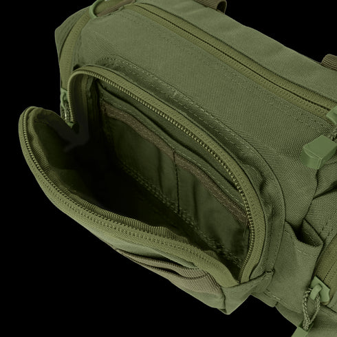 The Condor Deployment Bag 6.5L in olive green features zippered compartments, multiple inner pockets, and a durable fabric build, shown open for easy access to storage.