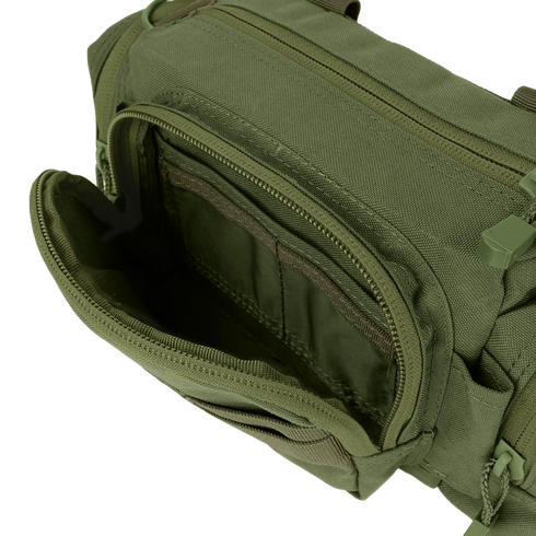 The Condor Deployment Bag 6.5L in olive green features zippered compartments, multiple inner pockets, and a durable fabric build, shown open for easy access to storage.