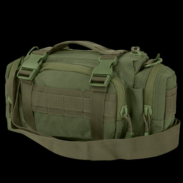 The Condor Deployment Bag 6.5L in Olive Drab features buckles, multiple zippered compartments, and an adjustable strap, displayed on a white background.