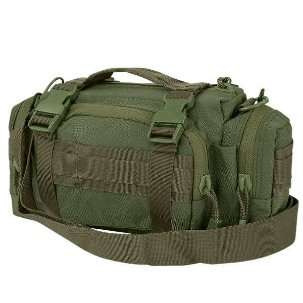 The Condor Deployment Bag 6.5L in Olive Drab features buckles, multiple zippered compartments, and an adjustable strap, displayed on a white background.