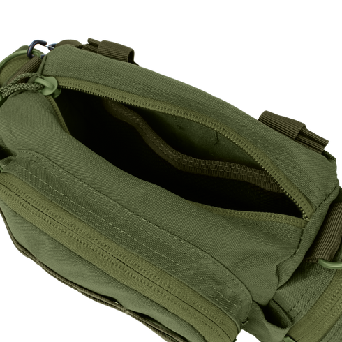 The Condor Deployment Bag 6.5L in olive green is shown open, displaying its zippered main compartment with an empty interior and extra pockets.
