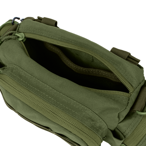 The Condor Deployment Bag 6.5L in olive green is shown open, displaying its zippered main compartment with an empty interior and extra pockets.