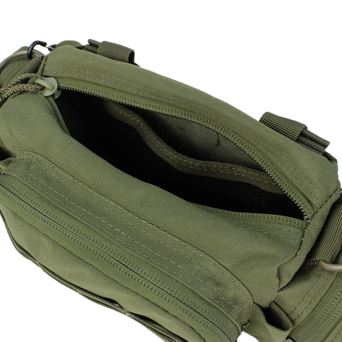 The Condor Deployment Bag 6.5L in Scorpion OCP is an open, olive green fabric bag with a top zipper, main compartment, and inner pocket—perfect for military EDC or first responder gear.