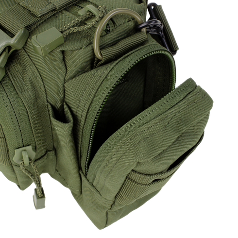 Close-up of the Condor Deployment Bag 6.5L in Scorpion OCP, featuring a partially opened front zipper pocket, visible fabric texture, and multiple compartments—perfect for bushcraft or law enforcement use.