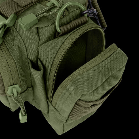 Close-up of the Condor Deployment Bag 6.5L in olive green, highlighting zippers, multiple compartments, and a partially open pocket.