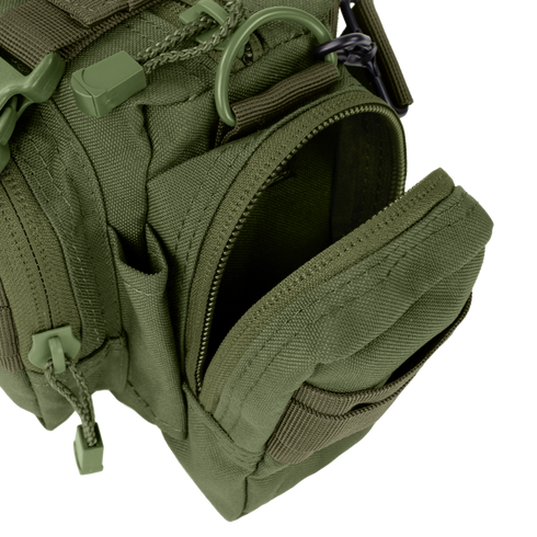 Close-up of the Condor Deployment Bag 6.5L in olive green, highlighting zippers, multiple compartments, and a partially open pocket.