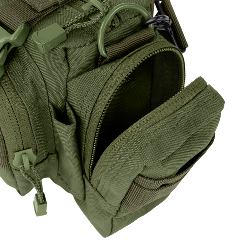 Close-up of the Condor Deployment Bag 6.5L in olive green, highlighting zippers, multiple compartments, and a partially open pocket.