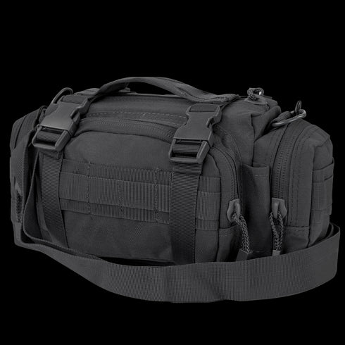The Condor Deployment Bag 6.5L is a black tactical shoulder bag with multiple compartments, zipper closures, buckle fastenings, and an adjustable strap—ideal for law enforcement or first responders.