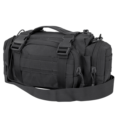 The Condor Deployment Bag 6.5L is a black tactical shoulder bag with multiple compartments, zipper closures, buckle fastenings, and an adjustable strap—ideal for law enforcement or first responders.