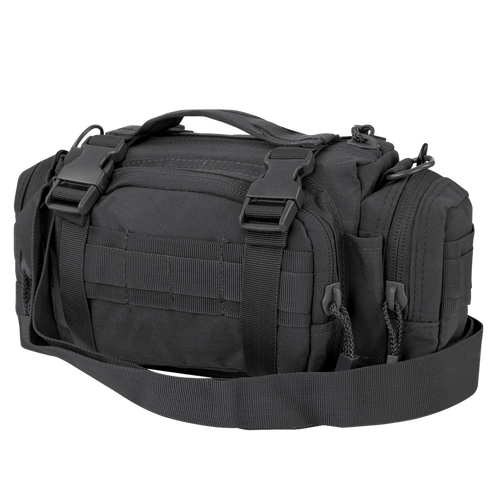 The Condor Deployment Bag 6.5L is a black tactical shoulder bag with multiple compartments, zipper closures, buckle fastenings, and an adjustable strap—ideal for law enforcement or first responders.