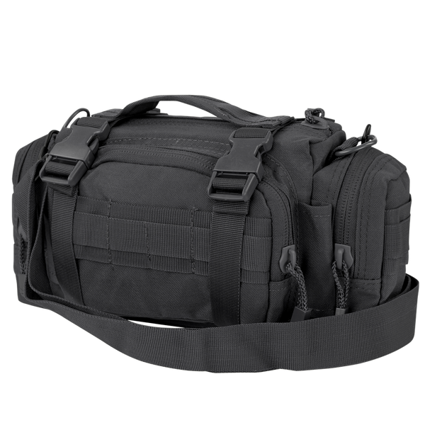 The Condor Deployment Bag 6.5L is a black tactical shoulder bag with multiple compartments, zipper closures, buckle fastenings, and an adjustable strap—ideal for law enforcement or first responders.