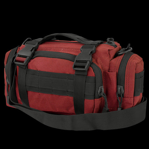 The Condor Deployment Bag 6.5L is a red tactical shoulder bag with black straps, buckles, and multiple zippered compartments, designed for military or law enforcement use, shown on a plain background.