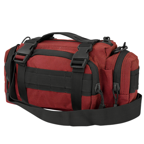 The Condor Deployment Bag 6.5L is a red tactical shoulder bag with black straps, buckles, and multiple zippered compartments, designed for military or law enforcement use, shown on a plain background.