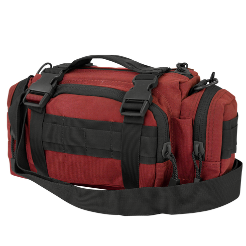 The Condor Deployment Bag 6.5L is a red tactical shoulder bag with black straps, buckles, and multiple zippered compartments, designed for military or law enforcement use, shown on a plain background.
